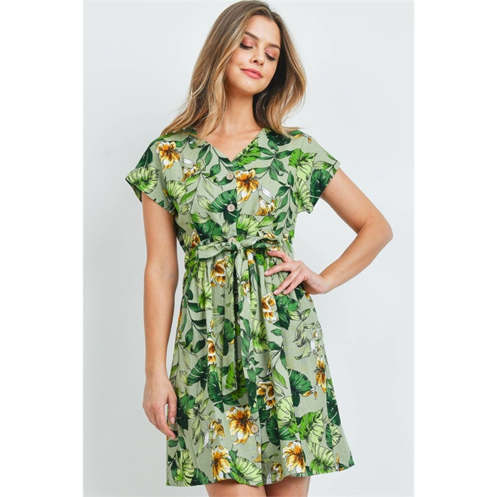 Green Floral Tie Sash Waist Dress L
